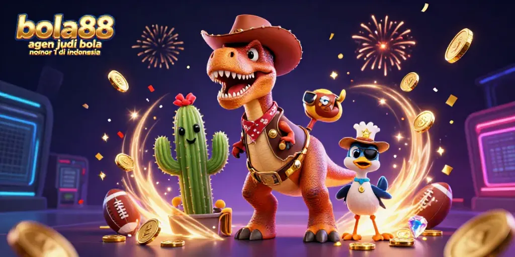 Bola88 agen judi bola nomor 1 di indonesia showcases an exciting scene with a T-Rex cowboy, cactus, and roadrunner amidst a vibrant sports betting atmosphere.