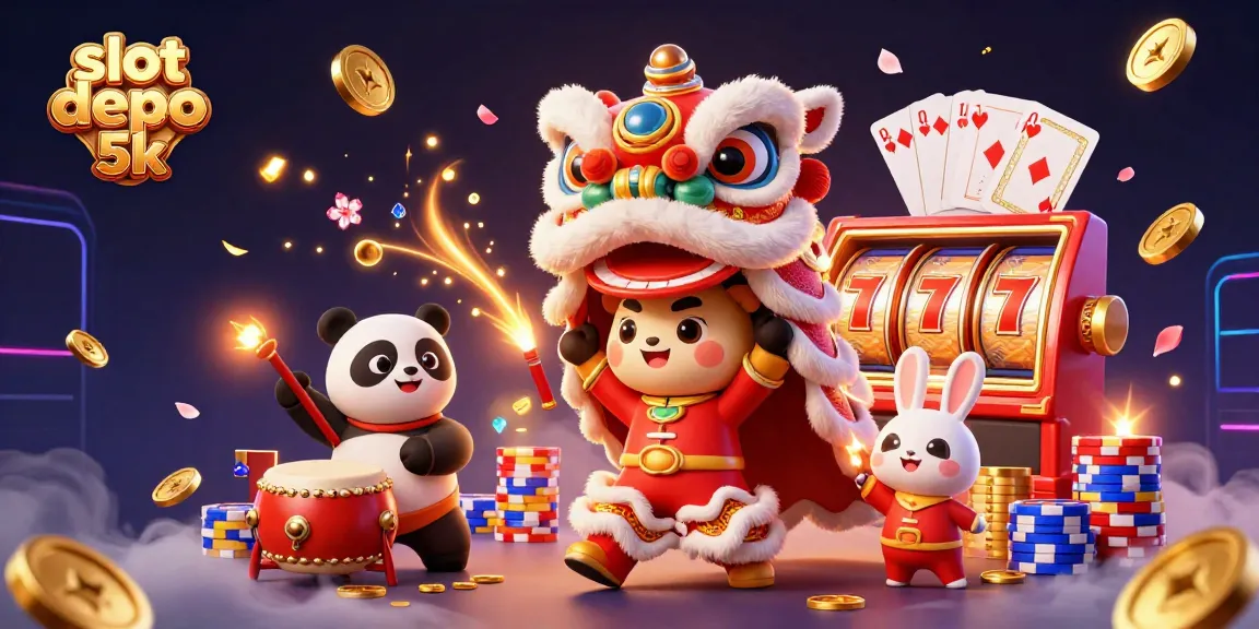 Permainan slot depo 5k dengan karakter tarian singa dan koin emas yang melimpah, menarik perhatian pemain.