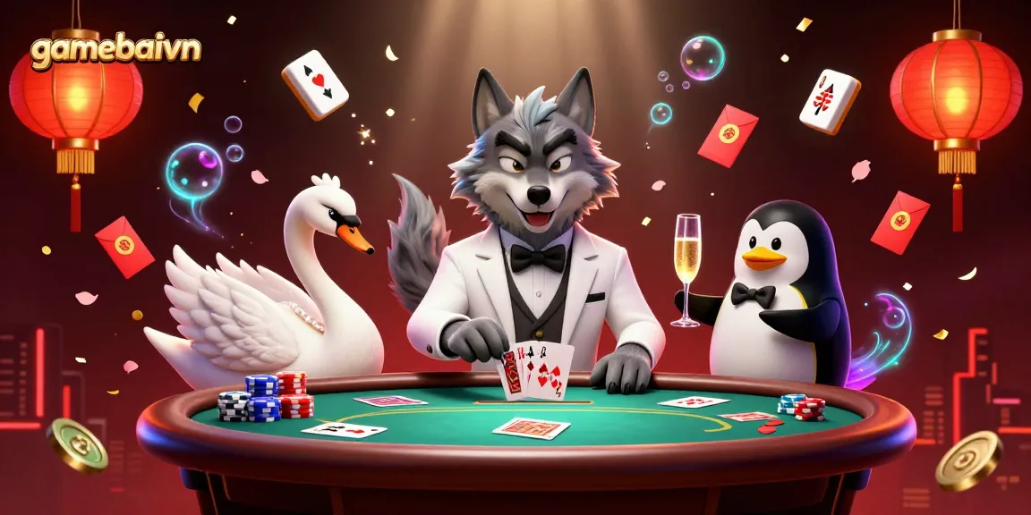 gamebaivn showcases a thrilling poker scene with colorful characters and vibrant casino elements
