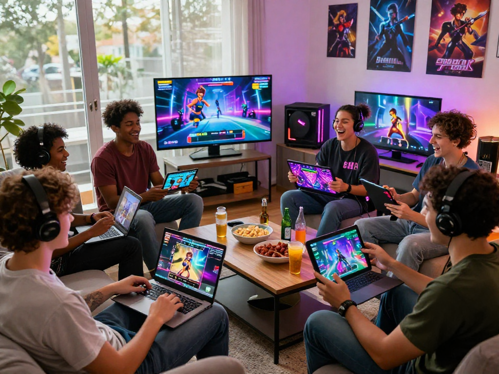 Diverse group playing engaging sex games on multiple devices in a lively living room atmosphere.