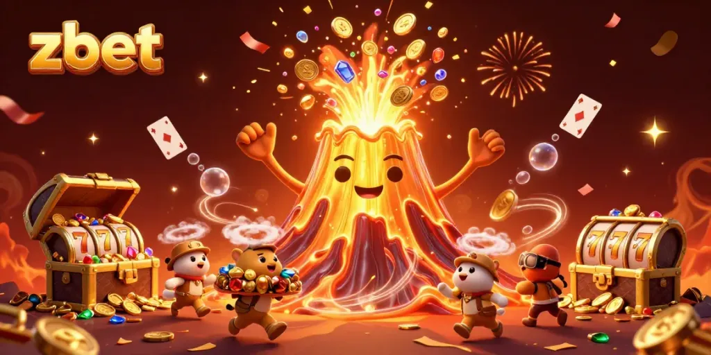 Experience the thrill at zbet with a golden volcano erupting treasure and exciting casino elements!