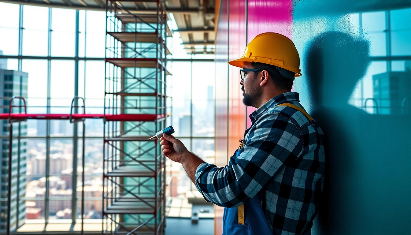 Skilled commercial painter enhancing a building's aesthetics with vibrant paint.