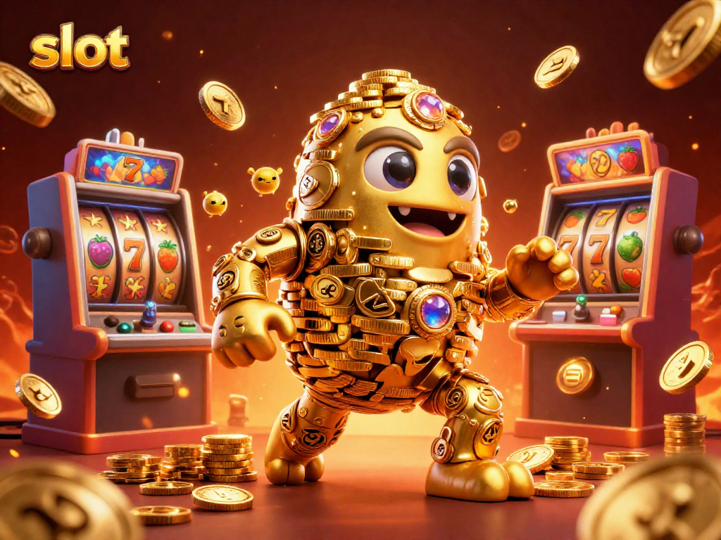 Experience the thrill of slot gaming with vibrant symbols and sparkling coins in this 3D illustration.