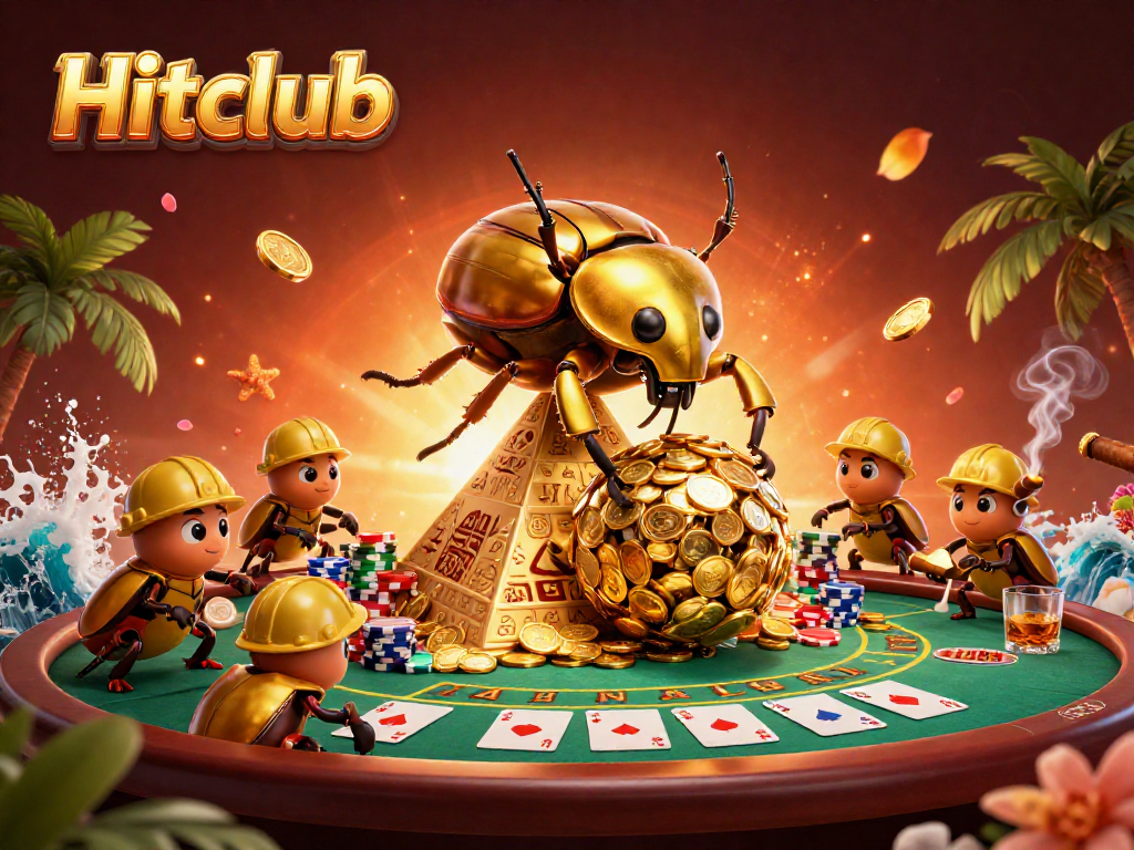 Experience Hitclub's vibrant casino scene with golden beetles and poker excitement!