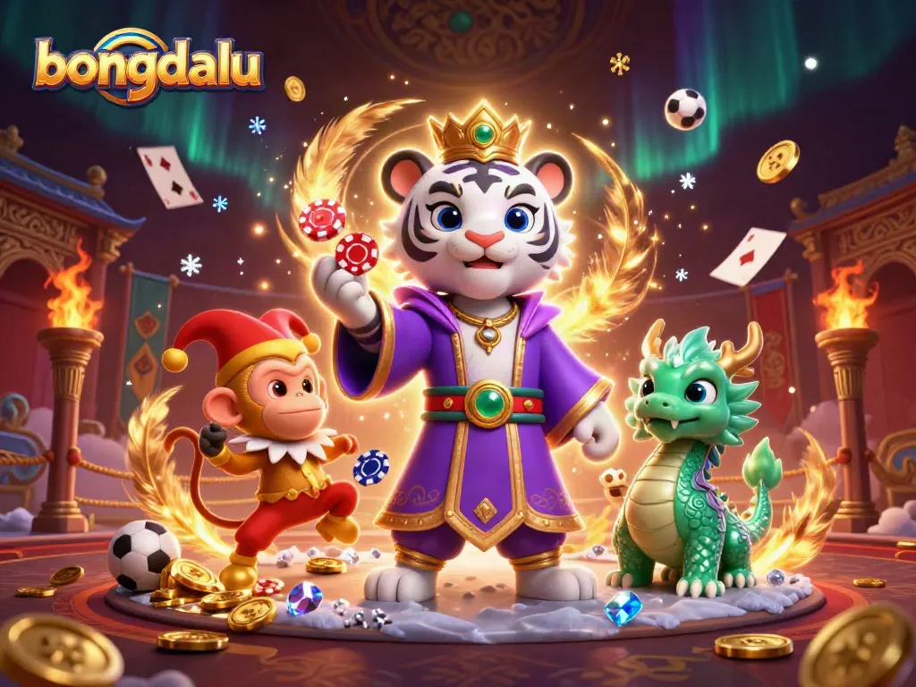Bongdalu captivates gamblers with a lively 3D scene featuring a royal tiger and jester monkey amidst dynamic betting elements.