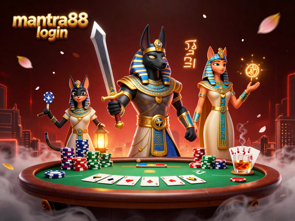 Play and win at mantra88 login, featuring Anubis and Bastet in a vibrant casino setting with poker elements.