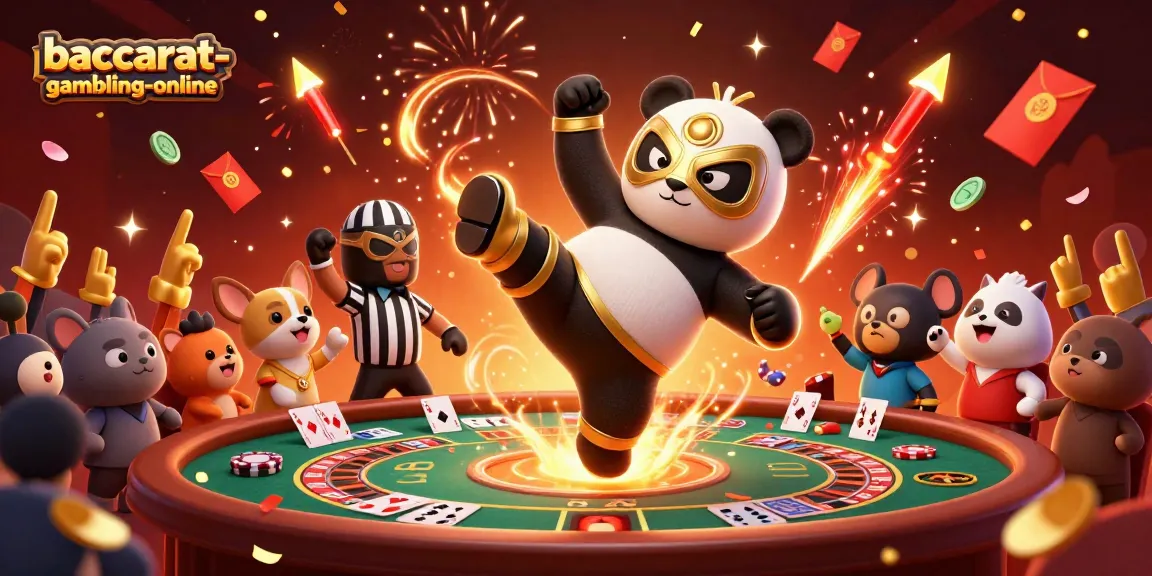Experience the thrill of baccarat-gambling-online with this dynamic scene of a panda wrestler and casino elements.