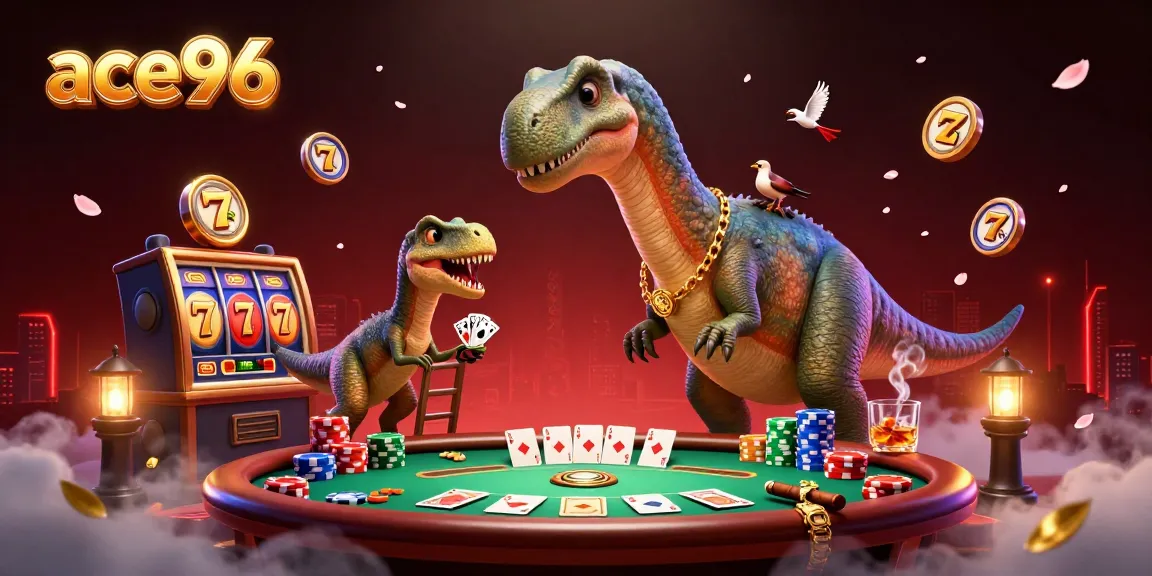 ace96 slots collide in a whimsical casino setting with a giant brontosaurus and dynamic elements.
