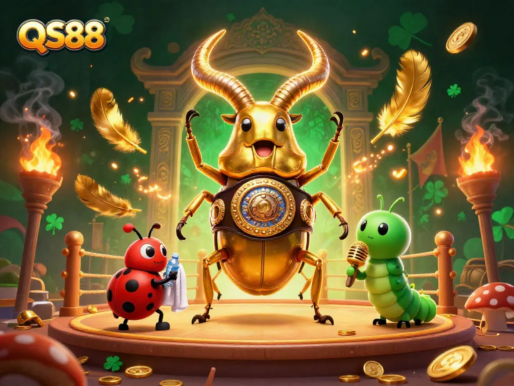 Experience the excitement of QS88 with a dynamic 3D illustration of a champion beetle and casino elements.