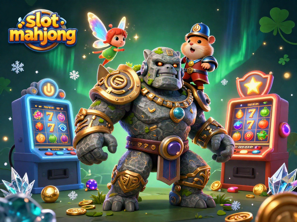 Engage in slot mahjong with a lively illustration featuring a magical stone golem and fairy companion.