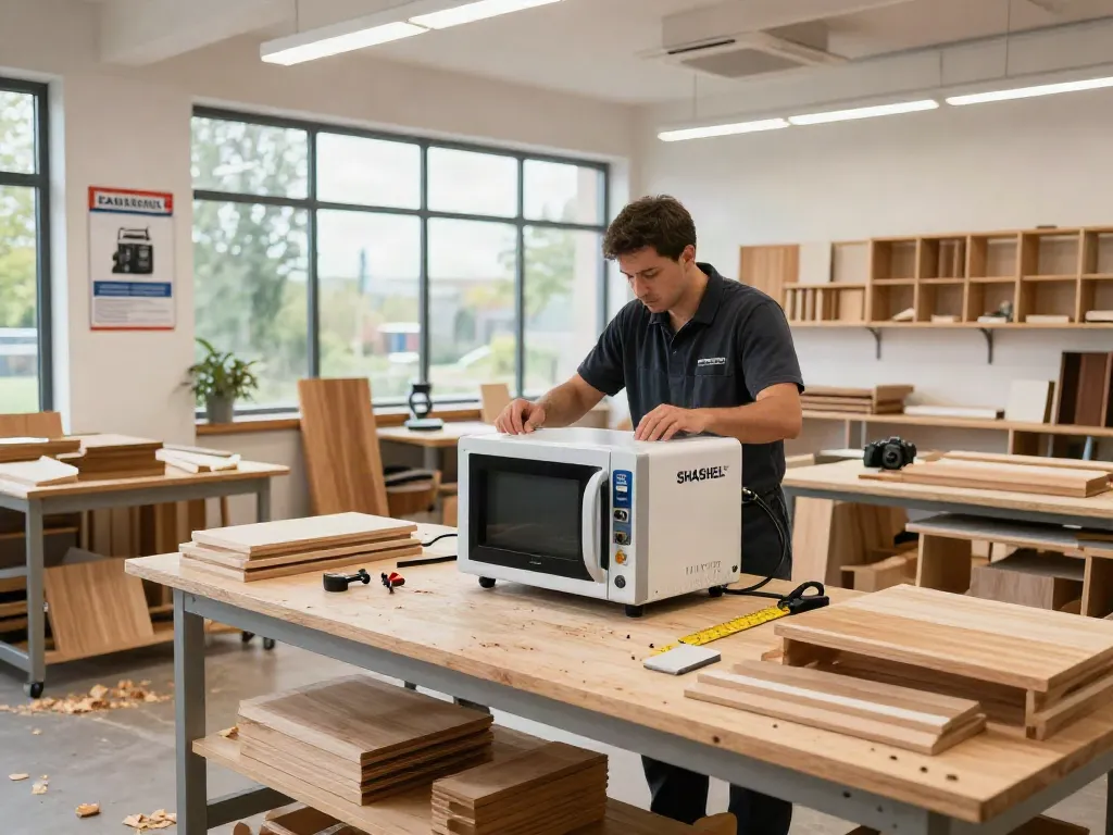 SHASHEL® microwave equipment in action eliminating woodworm in a workshop.