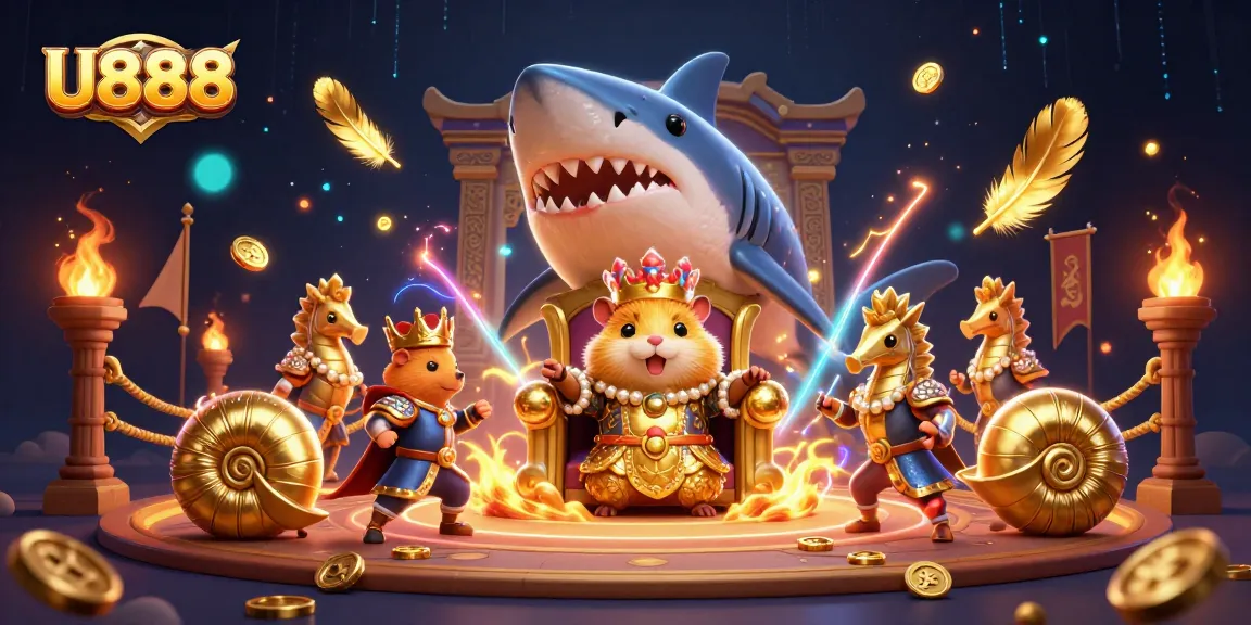 Bet on U888's thrilling adventures with a golden hamster king and royal guards in a vibrant casino scene.