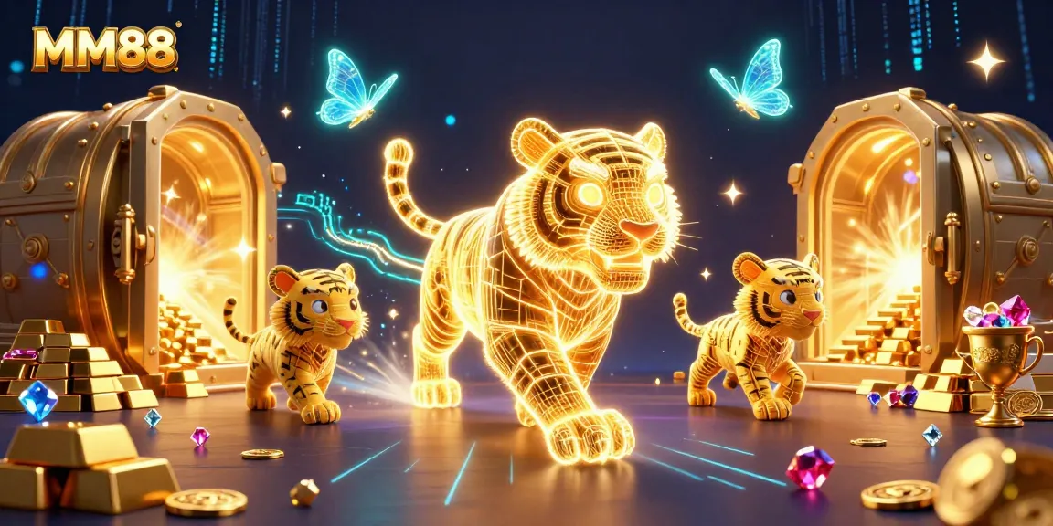 Experience the vibrant energy of MM88 with a neon tiger and casino treasures in a dazzling digital landscape.