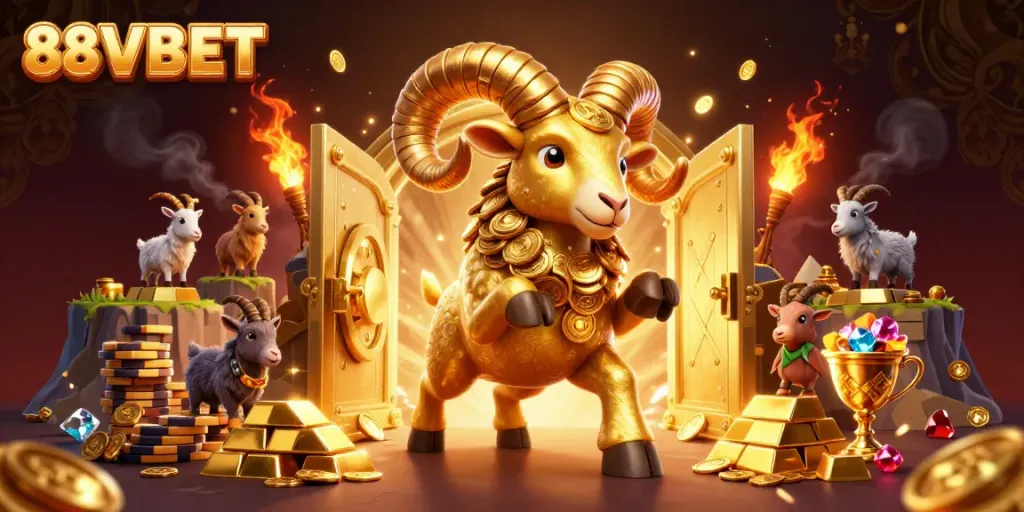 Engage with thrilling adventures at 88VBET, featuring a golden ram and riches spilling from a treasure vault.