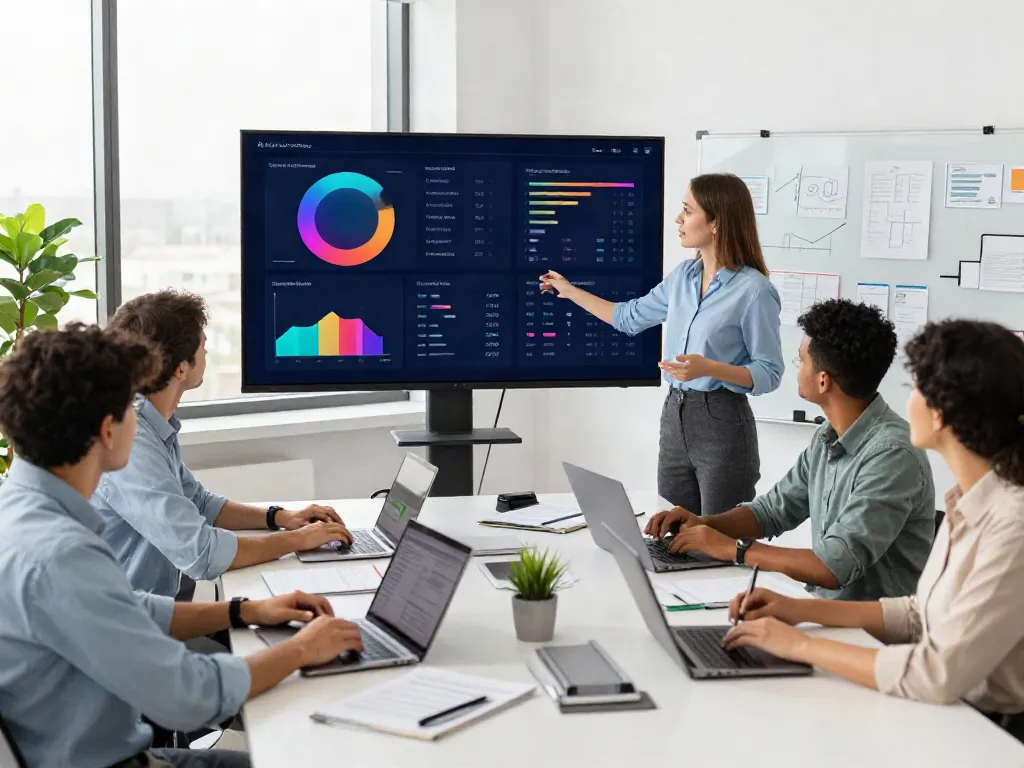 Marketing team analyzing data trends and campaign performance while discussing strategies for continue reading this..