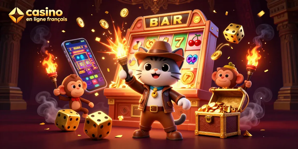 Image de casino en ligne français mettant en scène un chat explorateur et un singe dans un temple avec des artefacts dorés.