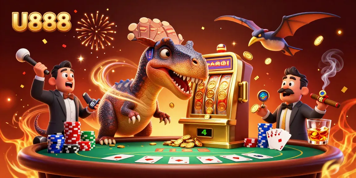 U888 celebrates jackpots with dinosaurs in an engaging casino scene filled with excitement.