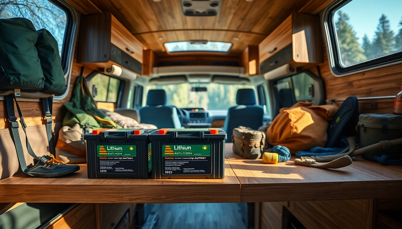 Showcasing lithium RV batteries in a modern camper setting, emphasizing sustainable energy solutions.
