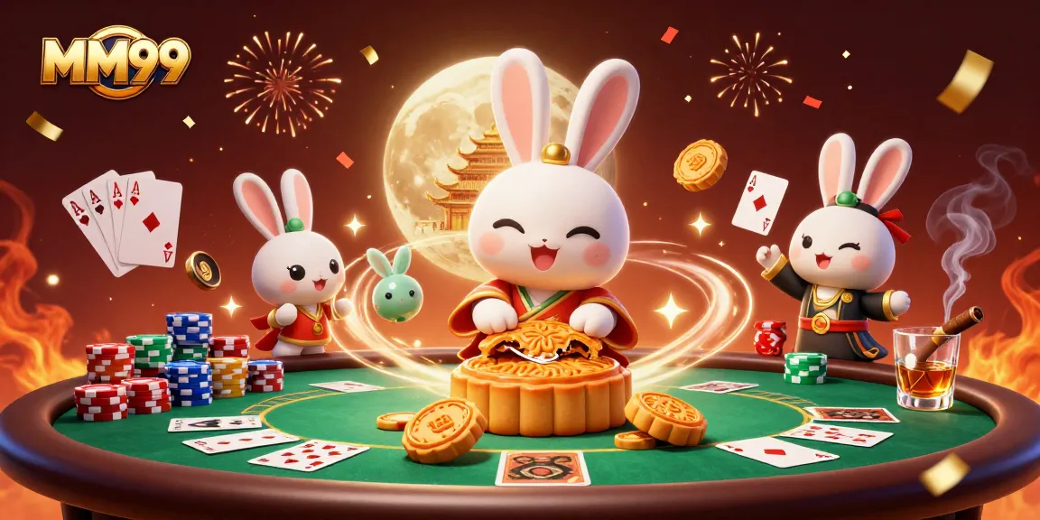 Engage with MM99's thrilling 3D poker adventure featuring a moon rabbit and golden mooncakes.