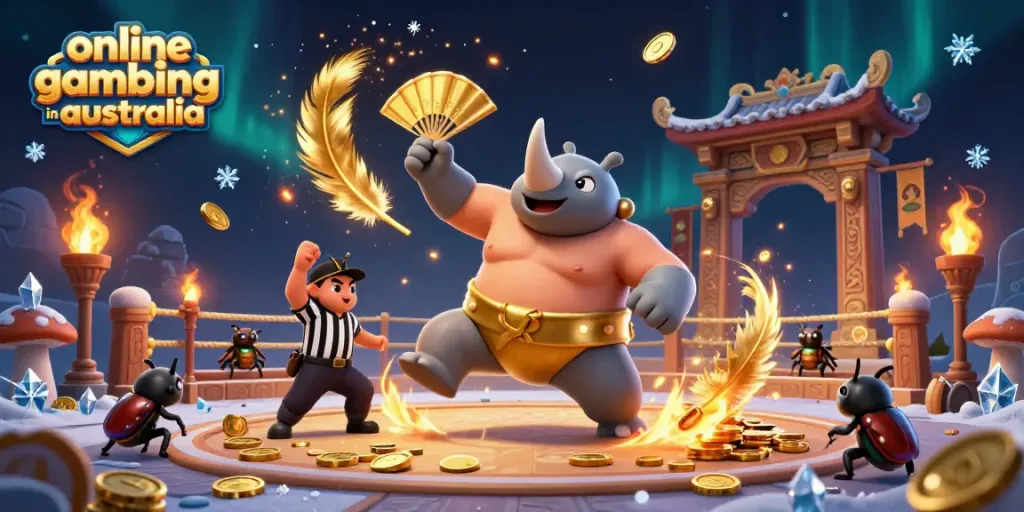 Experience thrilling online gambling in Australia with a vibrant cartoon scene showcasing beetle champions!