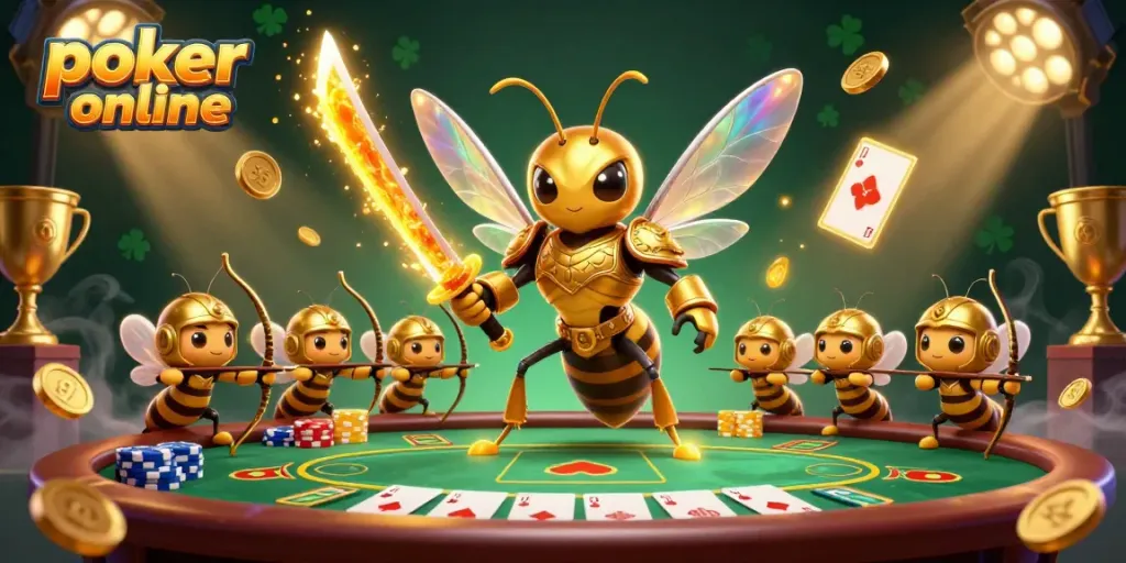 Engage in poker online with a dynamic scene blending poker elements and vivid characters.