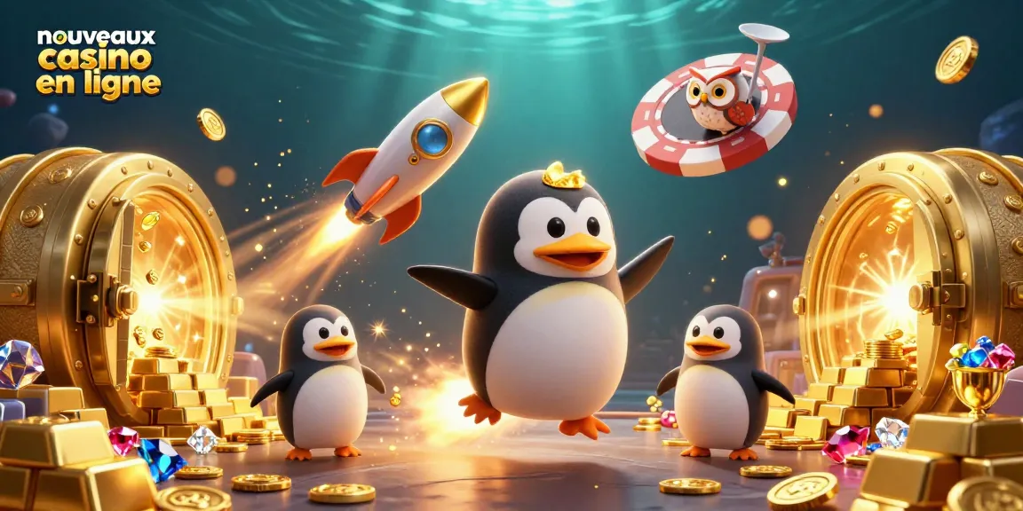 Plongez dans les nouveaux casinos en ligne avec cette illustration d'un pingouin doré propulsé par fusée, promesse de gains.