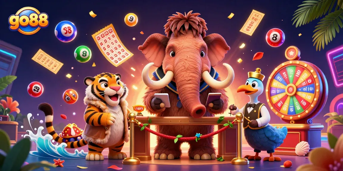 Experience go88's vibrant casino atmosphere with a woolly mammoth bouncer, saber-tooth guest, and lots of dynamic lottery elements.