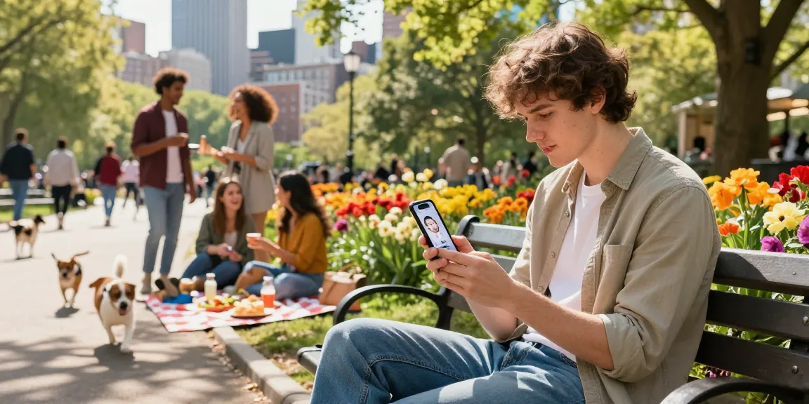 Curious person using an app to determine how old do I look in a vibrant city park.