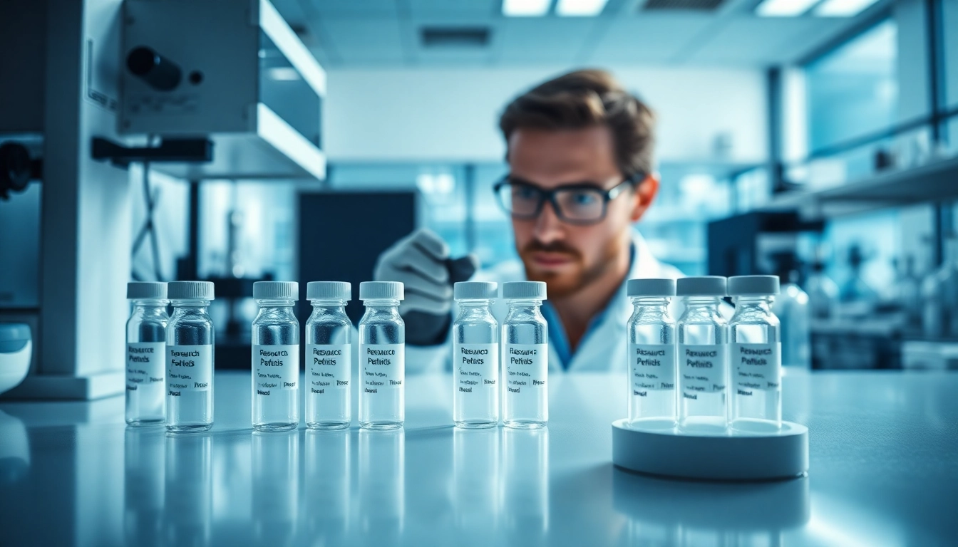 Researcher examining cargi peptides in a modern lab setting, showcasing laboratory equipment.