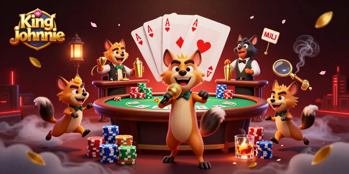 Experience kingjohnnie's vibrant comedy casino scene with playful hyenas and poker action.