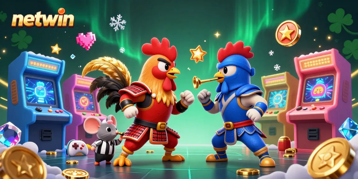 Bet on netwin as fighting roosters duel amidst colorful arcade and casino elements.