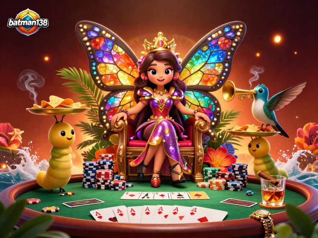 Engage with batman138's vibrant casino world featuring a butterfly queen and poker dynamics.