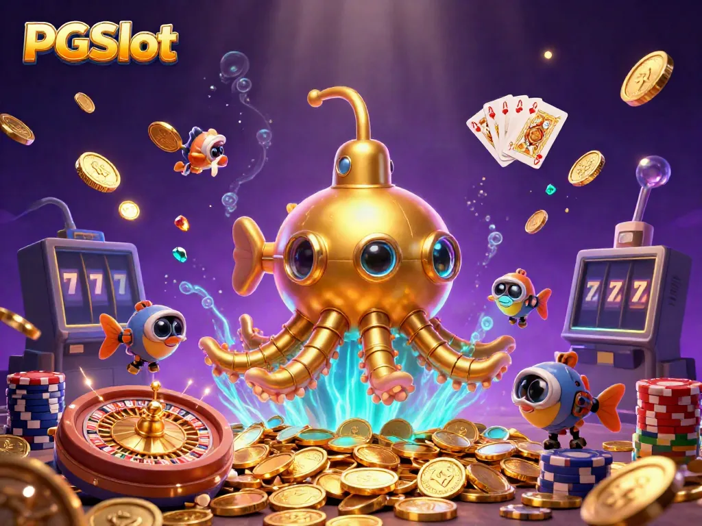 Engage in thrilling PGSlot gameplay with a 3D golden kraken submarine amidst vibrant casino elements.