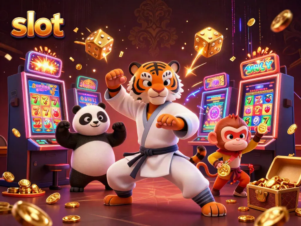Slot yang menggembirakan dengan karakter kartun kung fu, simbol jackpot, dan efek koin berkilauan.