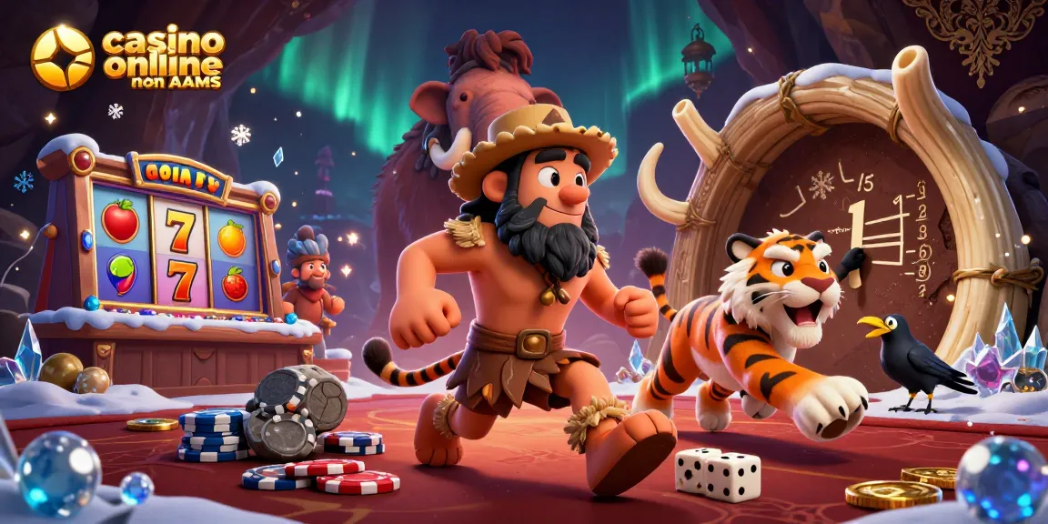 Casino online non AAMS: cavernicoli e tigre in un casinò preistorico con giochi e simboli divertenti.