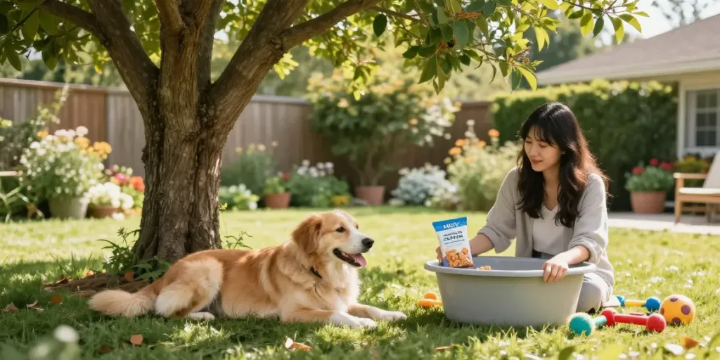 Dog enjoying HighV Calm & Relax Dog Treats in a serene garden setting.