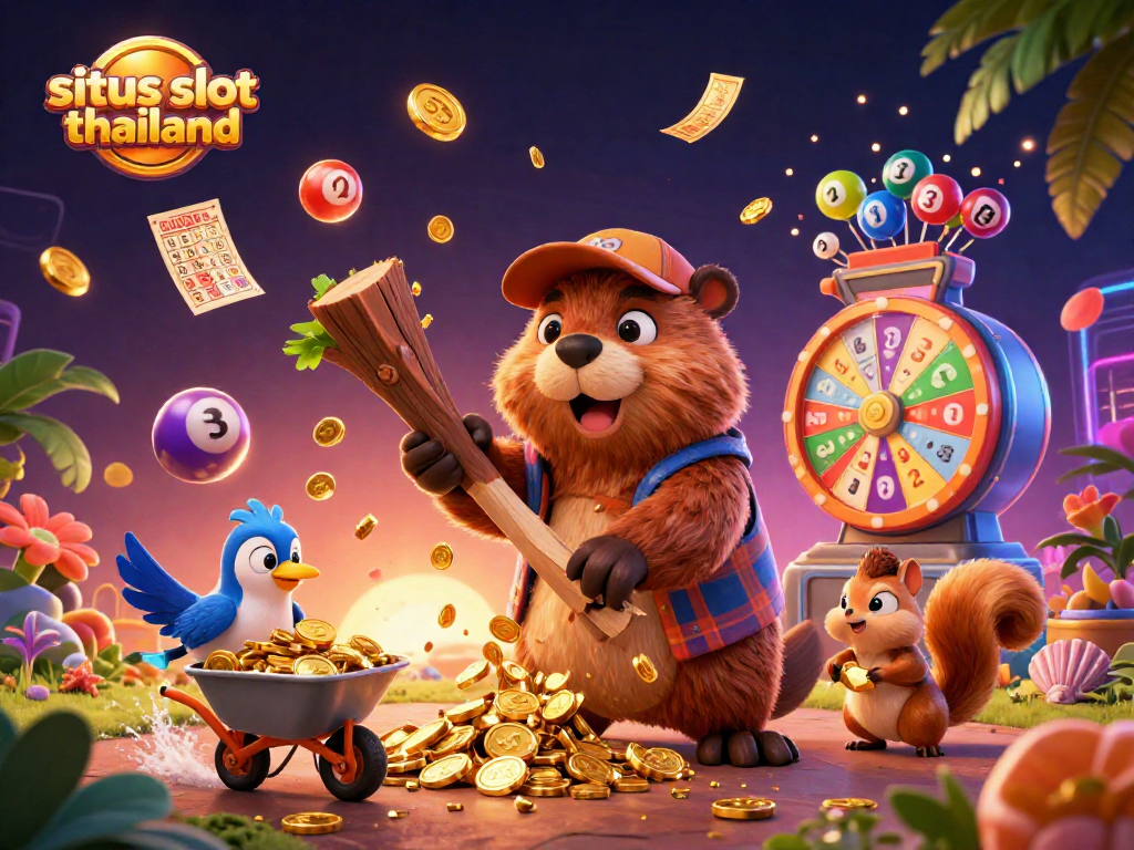 Engage with situs slot thailand as a beaver chops a coin tree amidst vibrant casino elements.