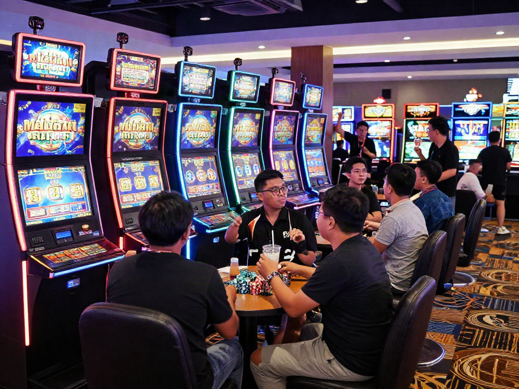 Excited players enjoying slot gacor malam ini in a vibrant casino environment.