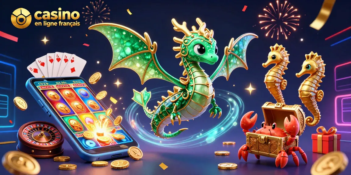 Illustration colorée d'un dragon de mer portant une garde, au casino en ligne français, avec des jeux de chance autour.