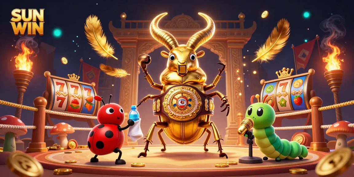 SUN WIN features a giant stag beetle boxing among vibrant casino elements, delivering thrilling action.