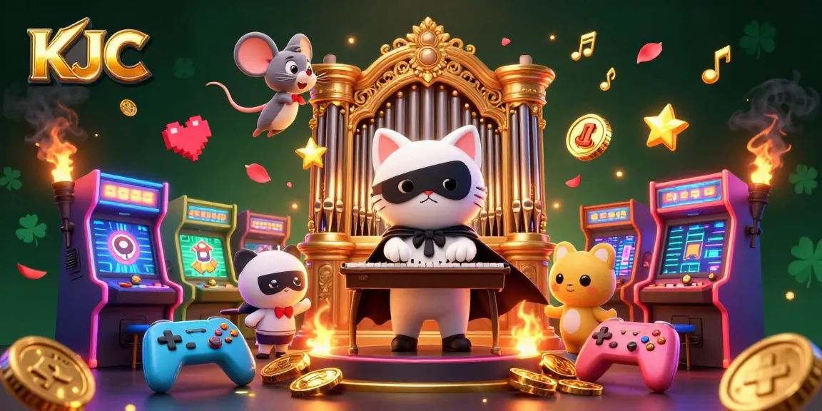 Experience thrilling gaming at KJC with a vibrant 3D casino illustration showcasing energetic characters and dynamic elements.