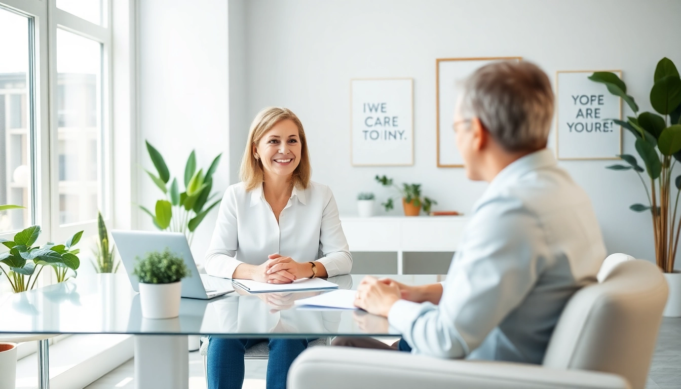 Career coaching session with a professional coach guiding a client in a bright office.