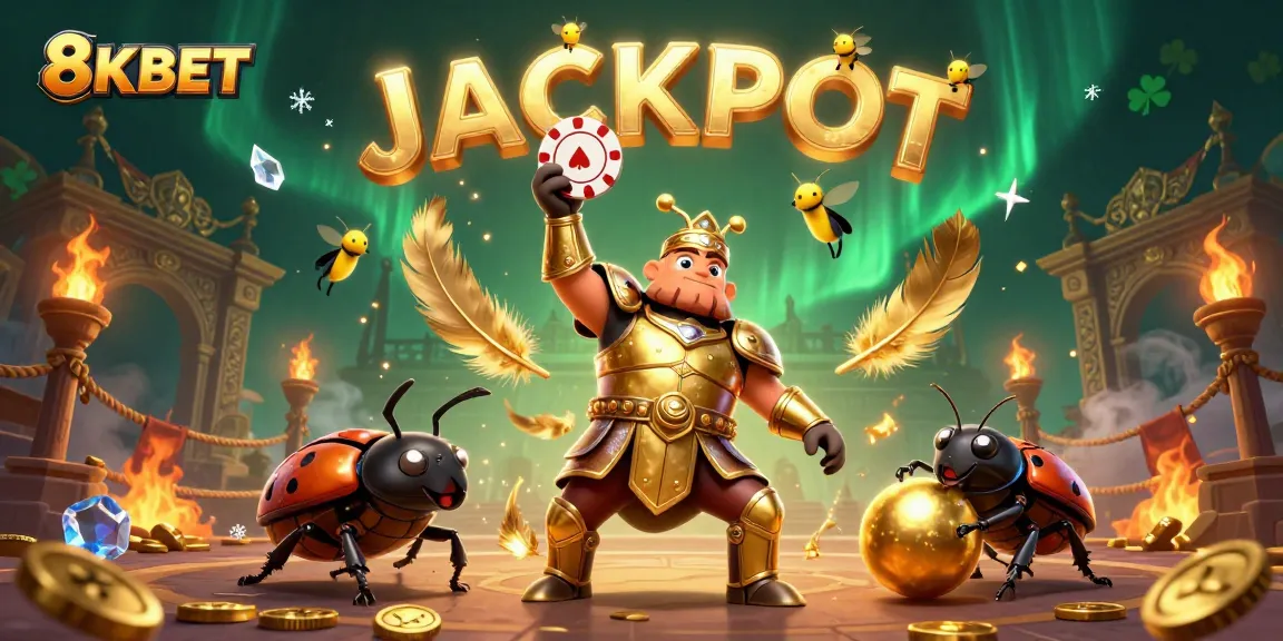 Engage with 8KBET visuals showcasing a vibrant 3D casino scene with beetle characters and golden tokens.