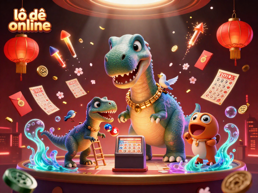 Engage in lô đề online with a vibrant illustration of a casino scene featuring a dinosaur and vibrant game elements.