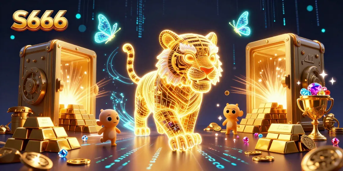 Experience thrilling gaming with S666, where a neon golden tiger roams amidst treasures in a stunning casino.