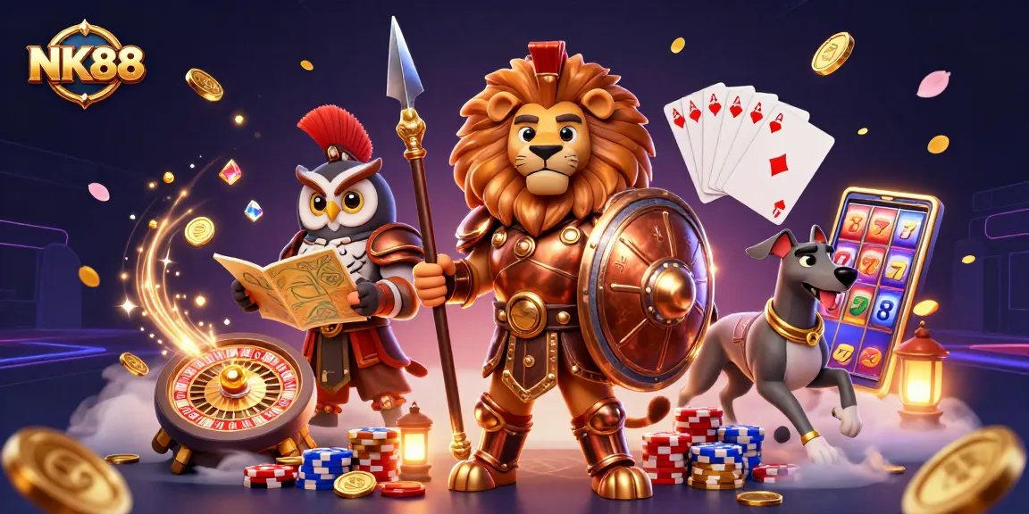 Spin and win with NK88's captivating casino illustration featuring dynamic game elements.