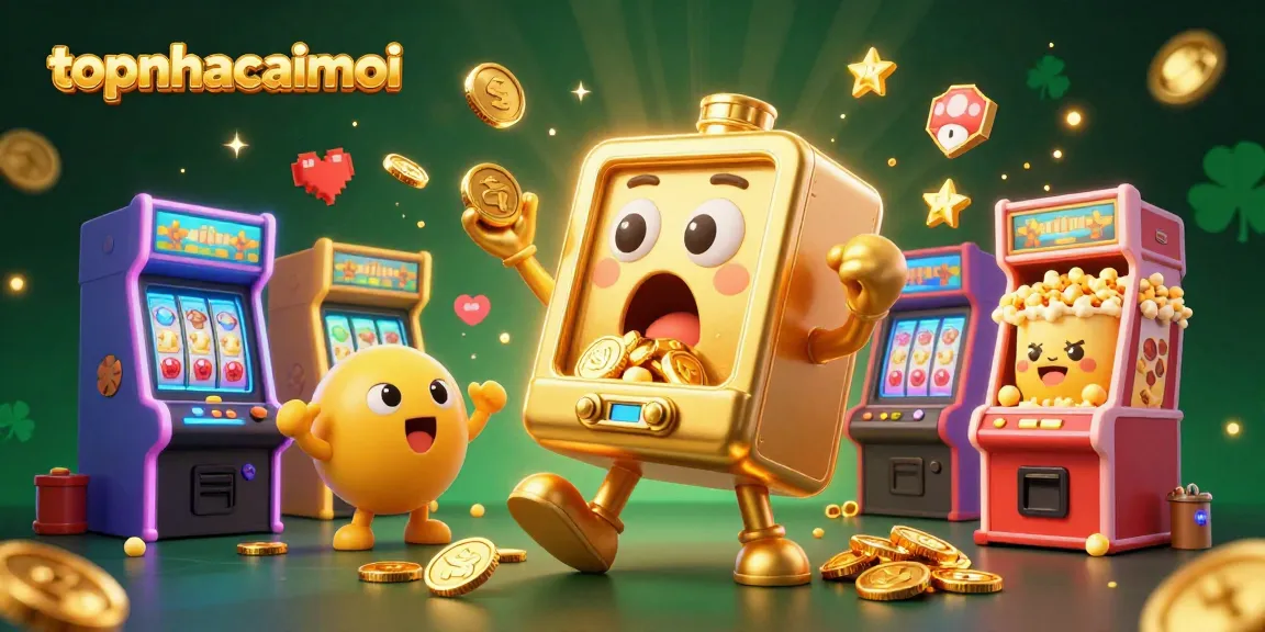 topnhacaimoi slot machine wins jackpot with coins pouring out, vibrant casino scene