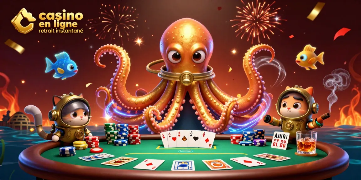 Découvrez le casino en ligne retrait instantané avec un kraken doré entouré de jeux de poker et des poissons phosphorescents.