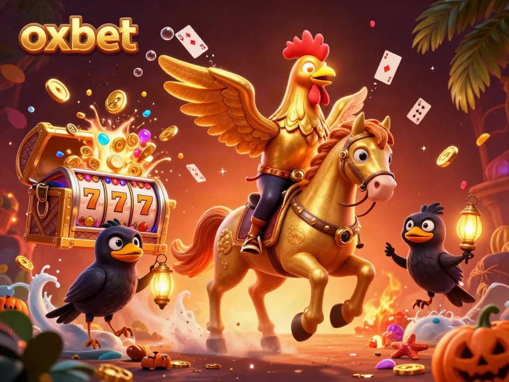 Experience the thrilling atmosphere of oxbet with a golden rooster and friends in a vibrant casino scene.