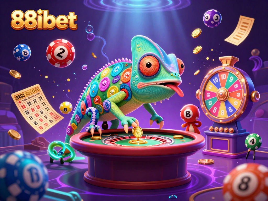 Win big on 88ibet with a lively casino scene featuring dynamic game elements and a colorful chameleon.